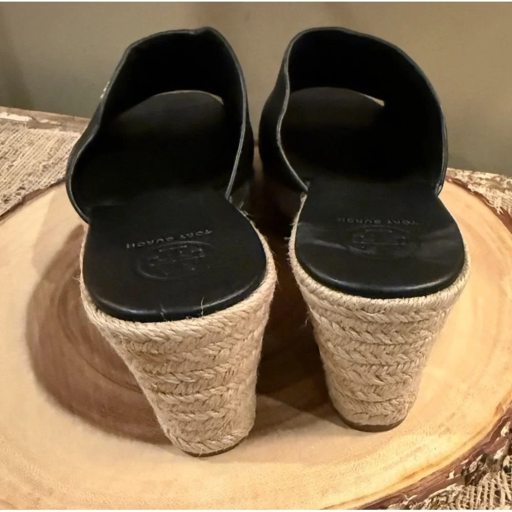 TORY‎ BURCH Landon Espadrille Black Leather Wedge Sandals Shoes Size 8M $295